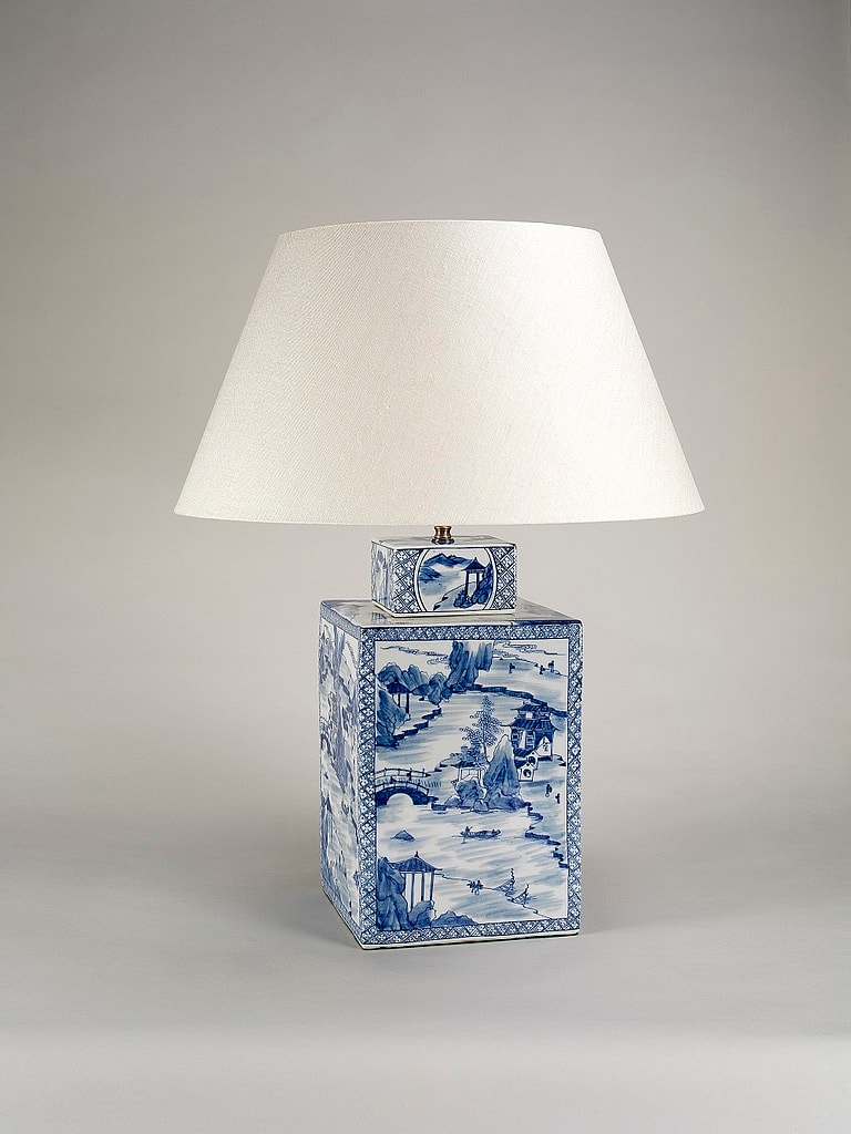 'Square Vase' lamp base and 18" 'Pembroke' shade in 'Lily' linen, Vaughan