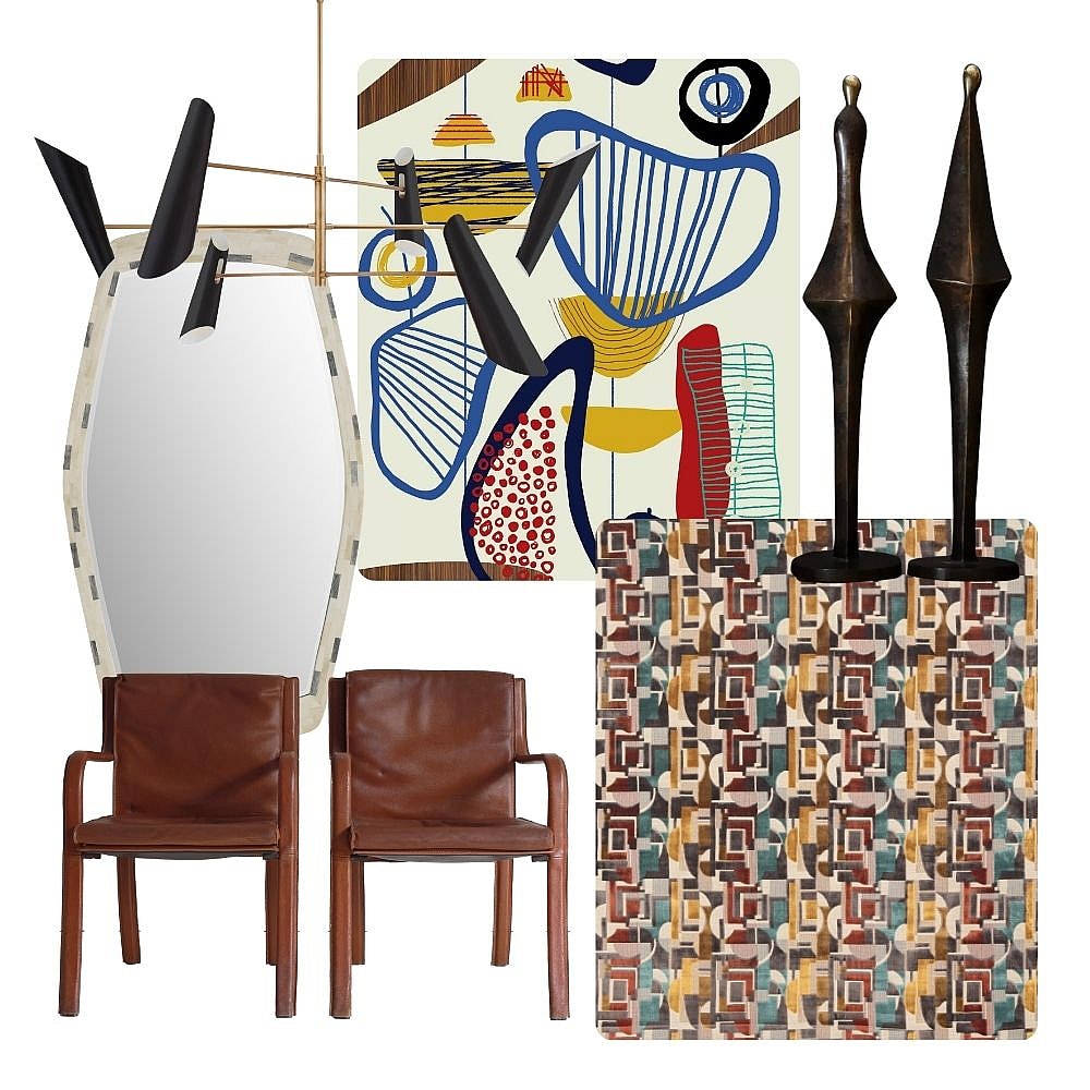 A moodboard of images with design products inspired by mid-century modern