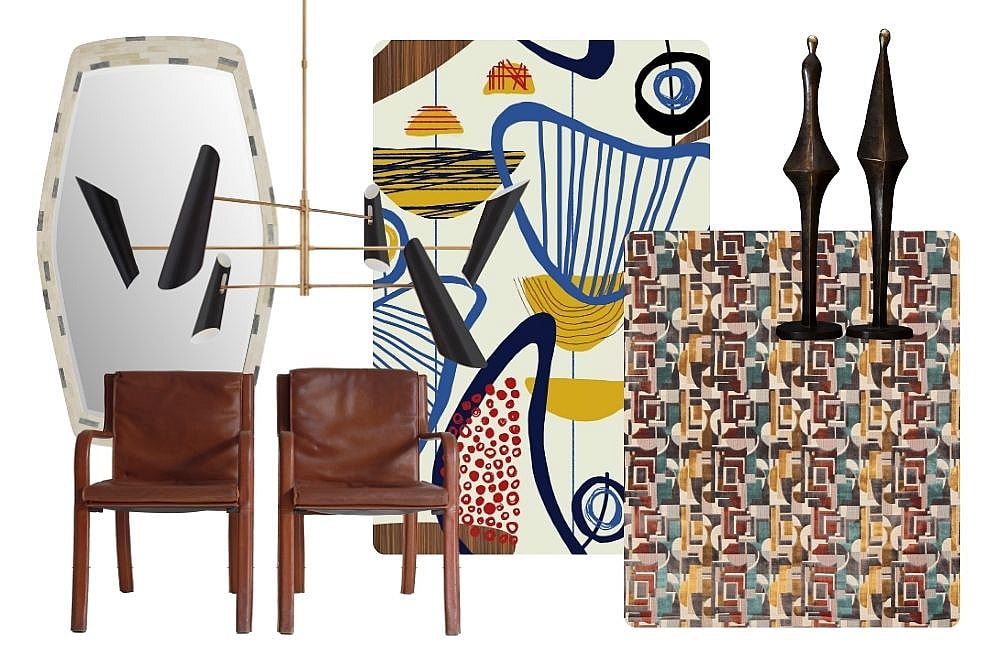 A moodboard of design products inspired by mid-century modern