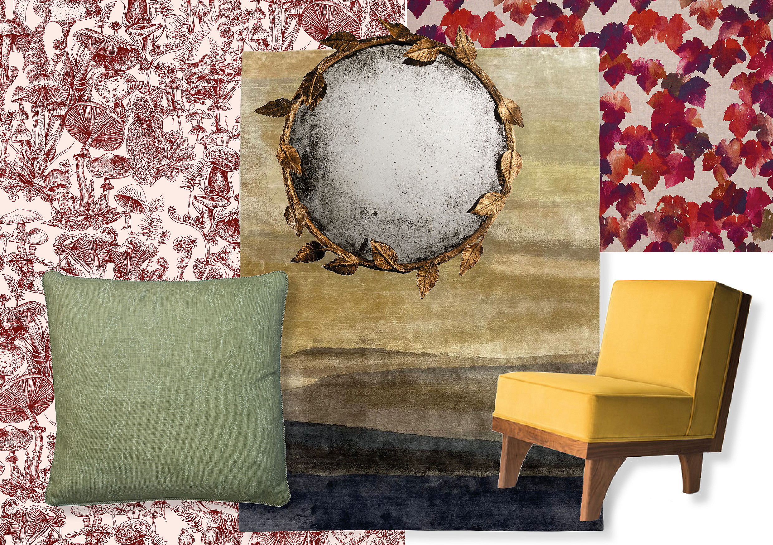 A moodboard showing interiors products inspired by nature in autumn