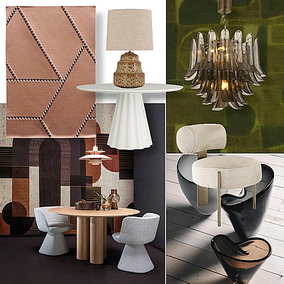 A moodboard showing 1970s-inspired interior design products from Desin Centre, Chelsea Harbour