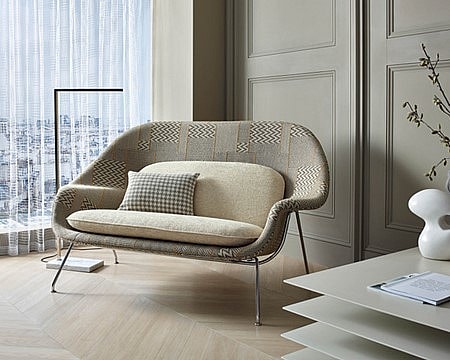 Knoll textiles' Heritage Collection, Homage and Pullman Upholstery on Womb Settee, Filigree Drapery