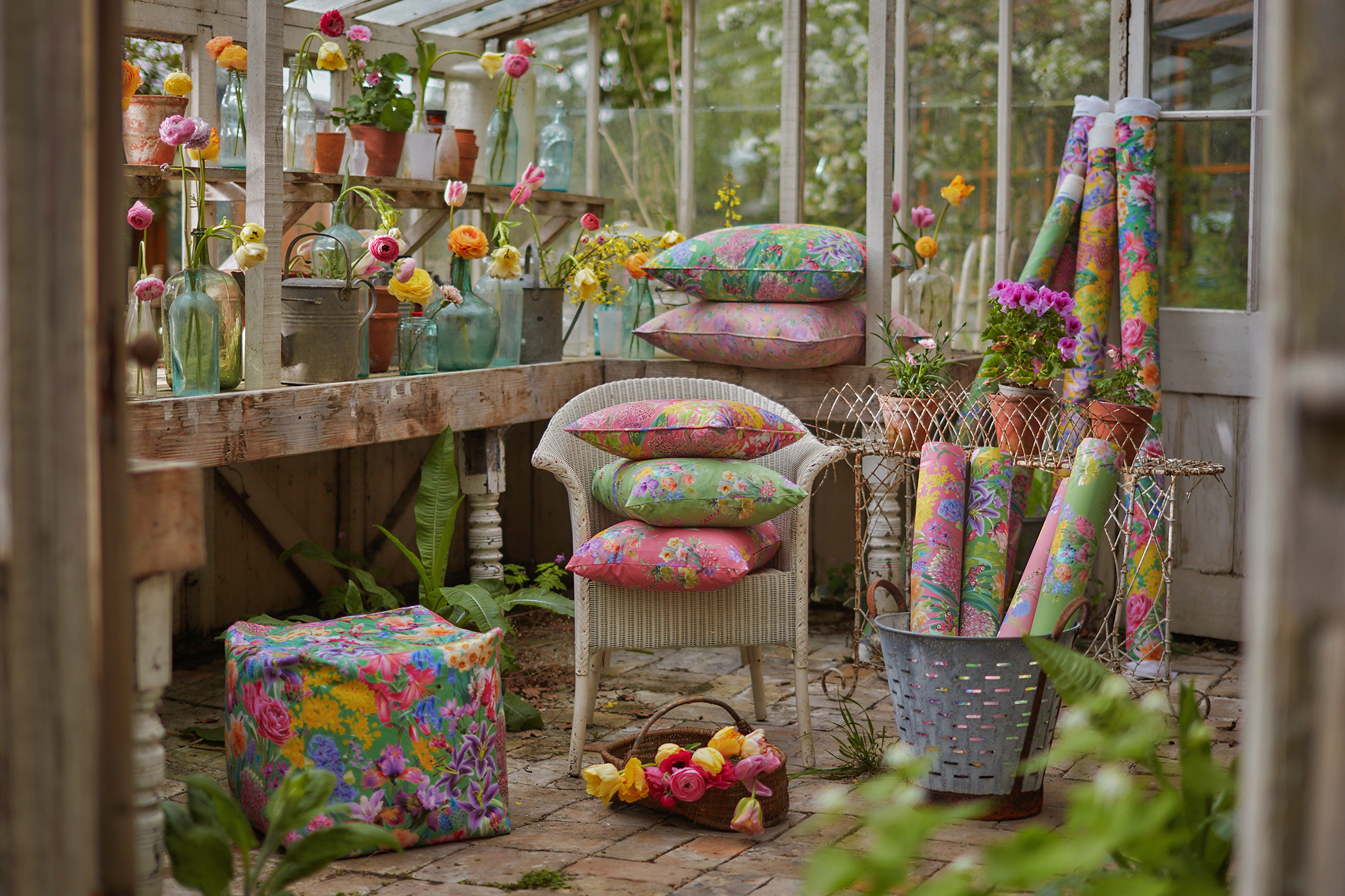 'Reside with Nature' Collection, Wallpapers_Cushions_Fabrics, Green & Pink, Bauldry Botanicals