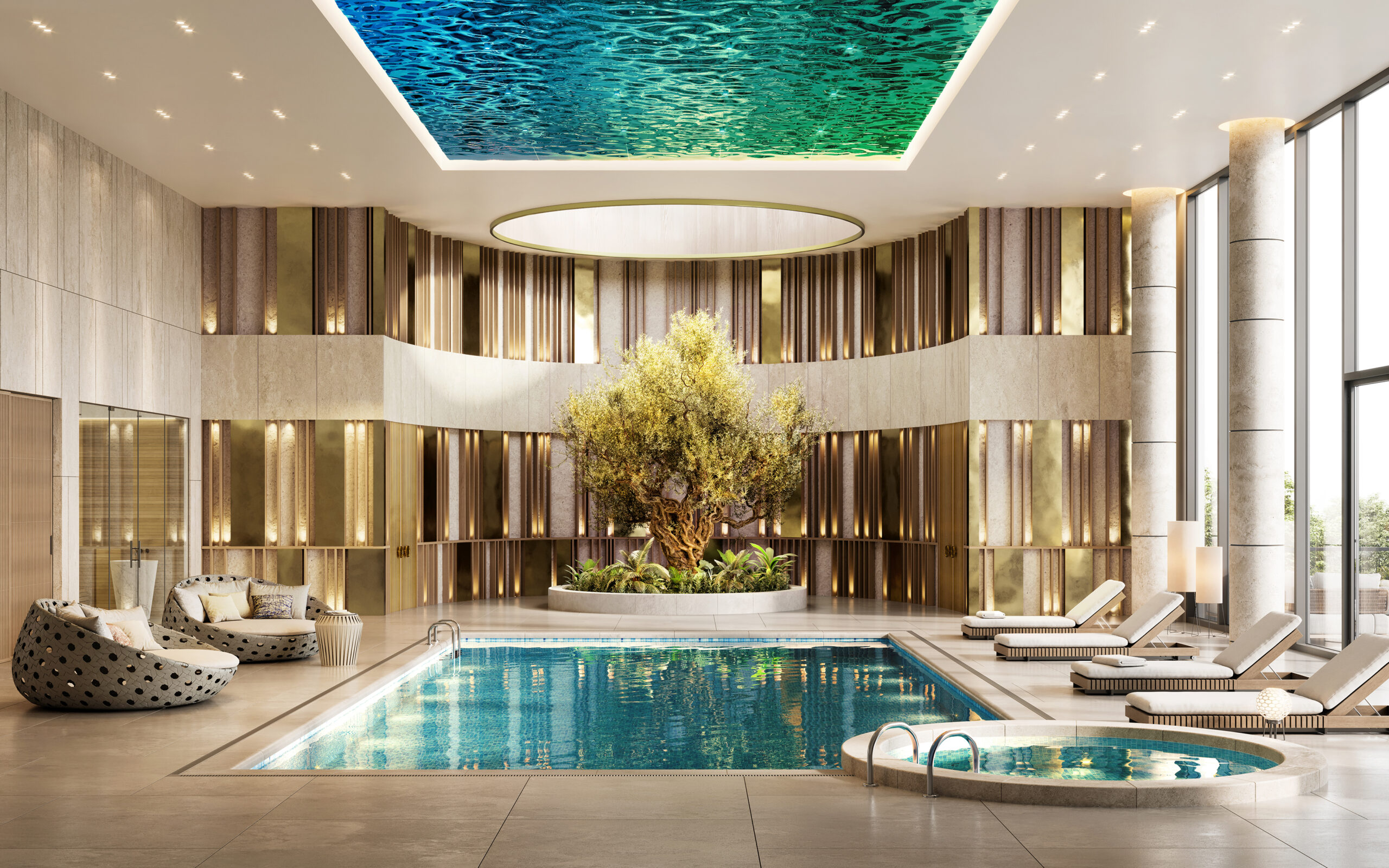 3D render of a luxury hotel swimming pool