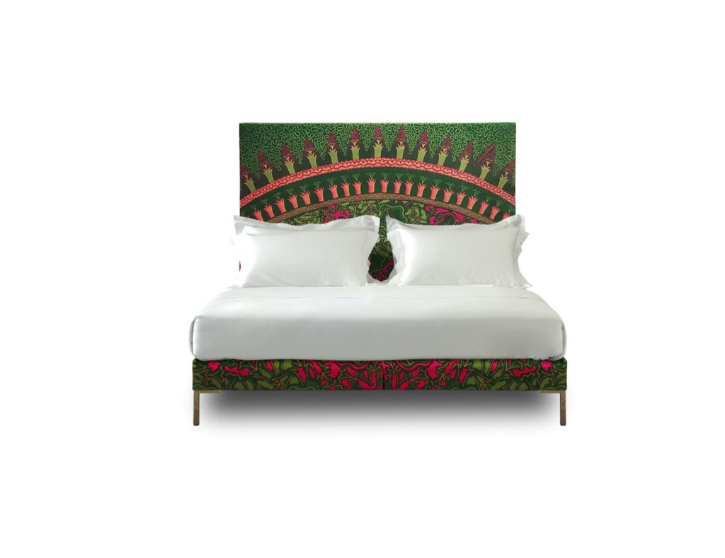 ‘Lilies’ bed with ‘Harlech’ headboard upholstered in bespoke digital print by Zandra Rhodes, Savoir Bed