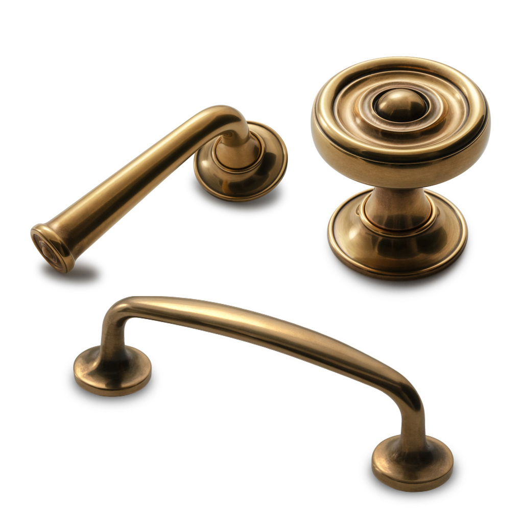 ‘Tiburon’ lever handle, knob and cabinet pull, antique gold, The Nanz Company