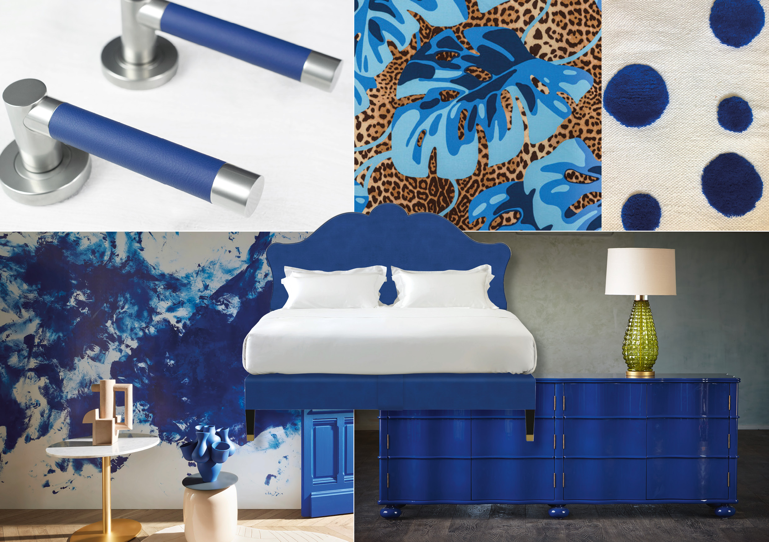 A moodboard of cobalt blue coloured products from the Design Centre's showrooms