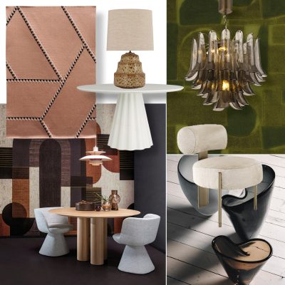 A moodboard showing 1970s-inspired interior design products from Desin Centre, Chelsea Harbour