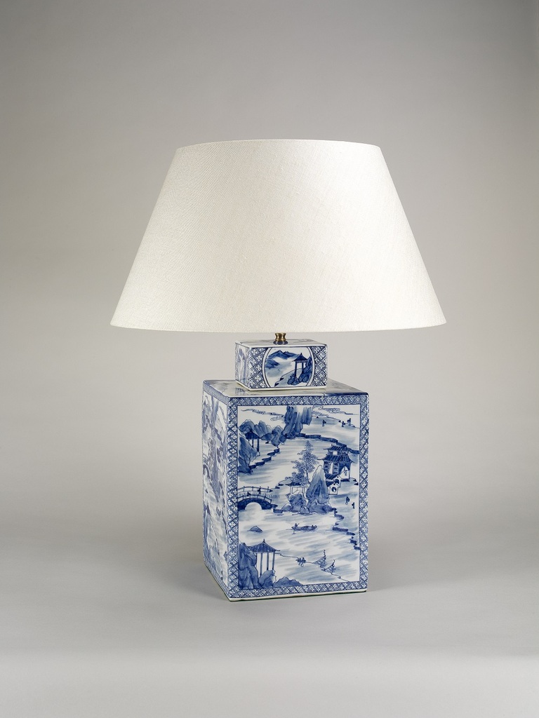 'Square Vase' lamp base and 18" 'Pembroke' shade in 'Lily' linen, Vaughan