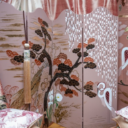 _Deco Garden _ - Painted panel, wallpaper, screen, tieback - pink_multi - silk, wood, paper - Diane Marsland - English Decorative