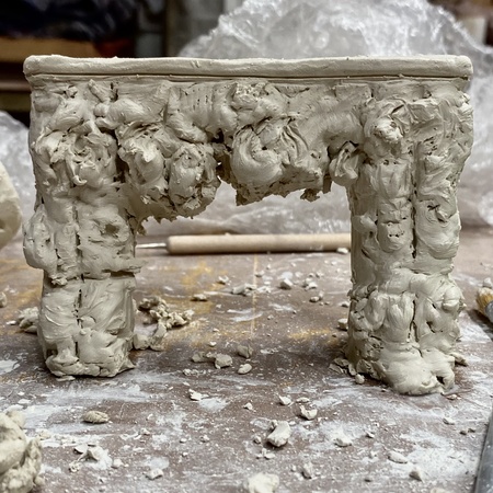 First clay model for a sculptural fireplace, porcelain, Edgar Ward